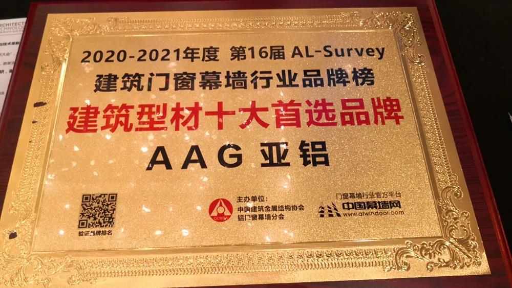 光輝榮耀成就AAG亞鋁品牌驕傲-AAG亞鋁再奪行業(yè)十大首選品牌