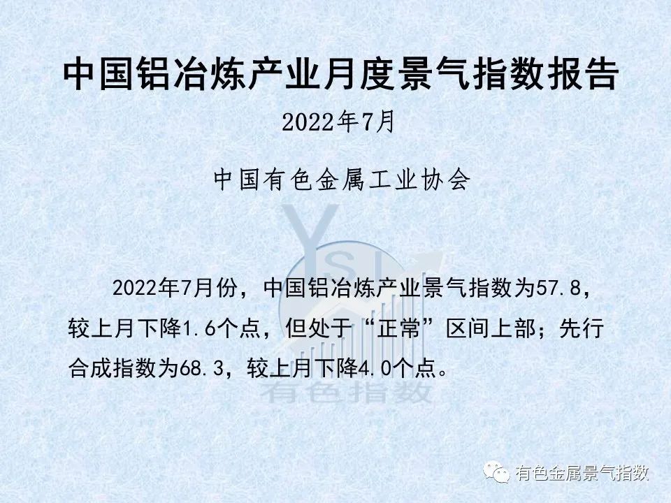 中國鋁冶煉產(chǎn)業(yè)2022年7月景氣指數(shù)報告