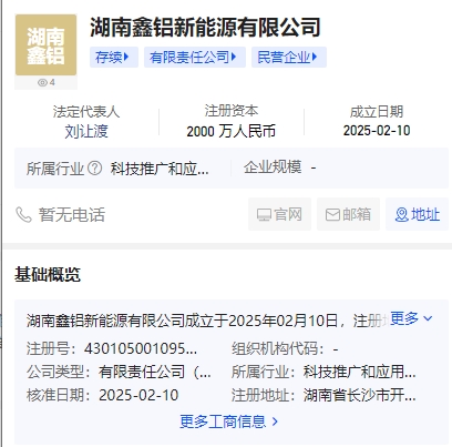 湖南鑫鋁新能源有限公司成立，注冊資本2000萬人民幣