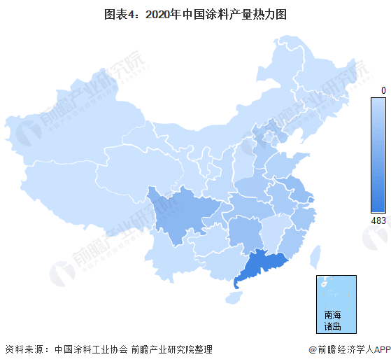圖表4：2020年中國(guó)涂料產(chǎn)量熱力圖